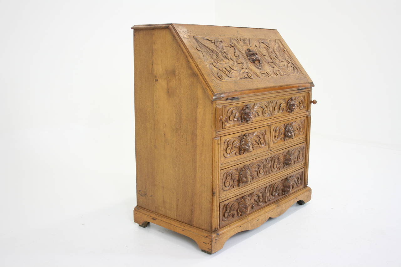 19th Century Antique Scottish Victorian Heavily Carved Oak Drop, Slant Front Desk