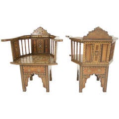 Antique Pair of 19th Century Syrian Inlaid Arm Chairs