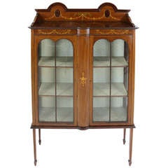 Antique Early 20th Century Mahogany Inlaid China, Curio, Display Cabinet