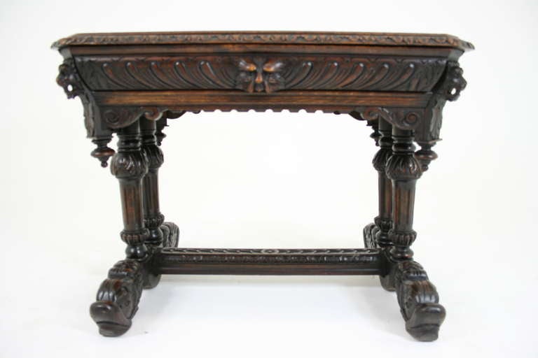 19th Century Carved Oak 'Dolphin' Library Writing Table Desk