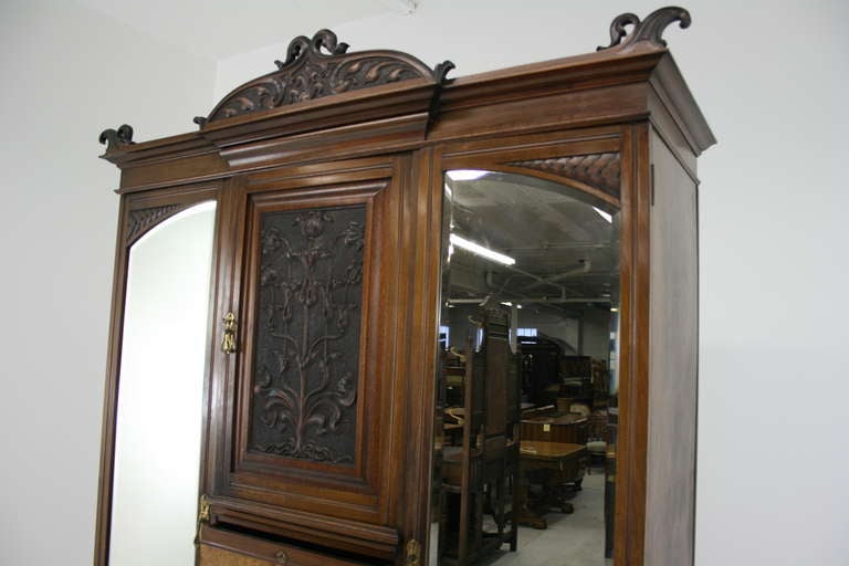 19th Century Victorian Art Nouveau Walnut Triple Door Armoire, Wardrobe