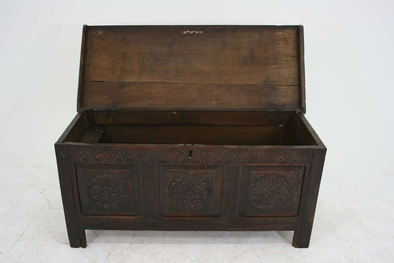 A 19th Century oak coffer, trunk with rectangular top above three carved oak floral panels, panelled sides and raised on stile feet.