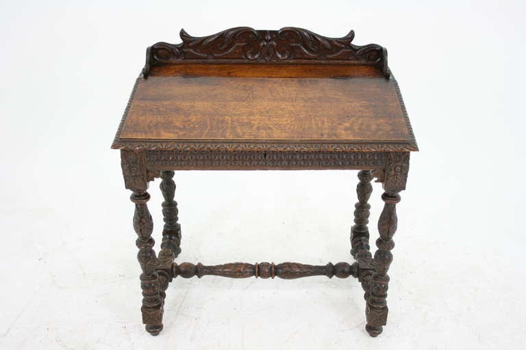 Victorian Carved Oak Lift Top Writing Table, Desk, Secretaire