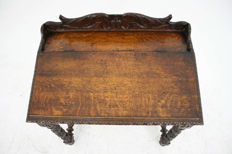 19th Century Victorian Carved Oak Lift Top Writing Table, Desk, Secretaire