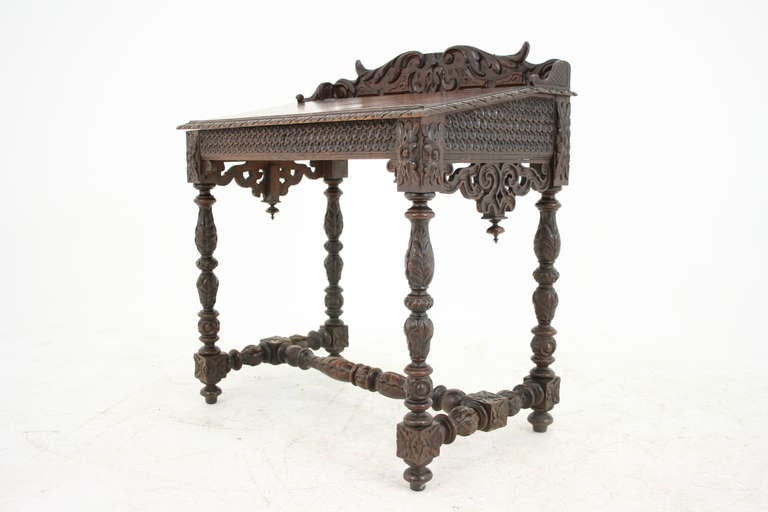 Scottish Victorian Carved Oak Lift Top Writing Table, Desk, Secretaire