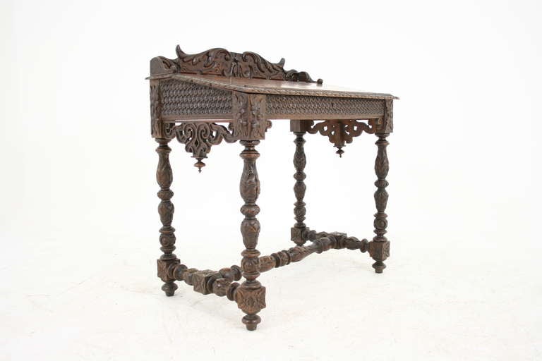 Victorian Carved Oak Lift Top Writing Table, Desk, Secretaire 5