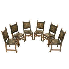 Antique Six Walnut and Leather Spanish Dining Chairs
