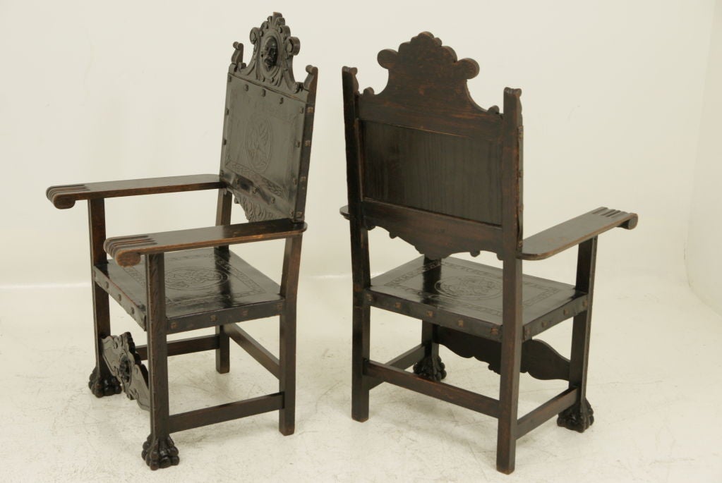 Pair of Heavily Carved Oak Spanish Throne Chairs 3