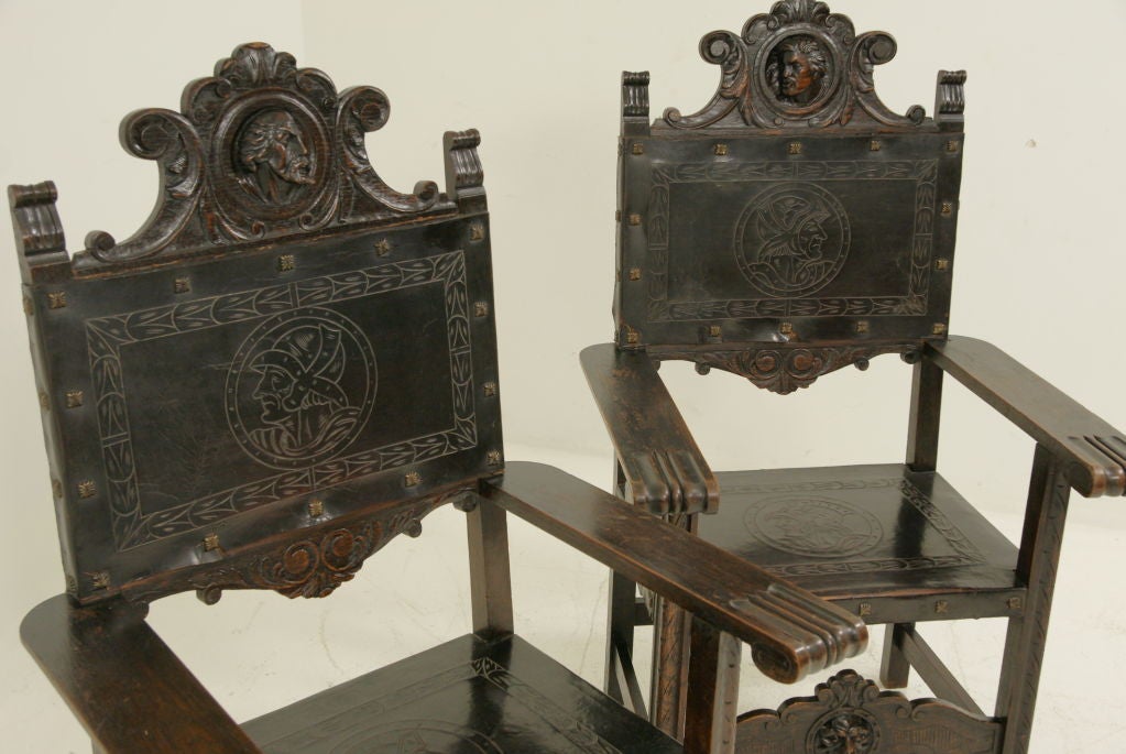 Pair of Heavily Carved Oak Spanish Throne Chairs 4