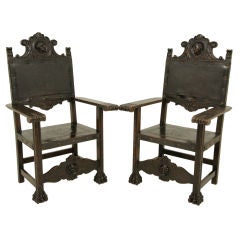 Antique Pair of Heavily Carved Oak Spanish Throne Chairs