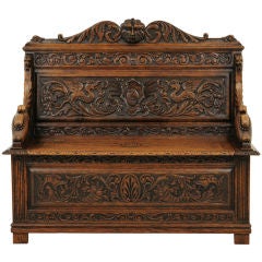 Heavily Carved Oak Bench or Hall Settle