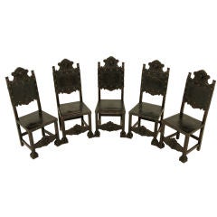 Antique 5 Heavily Carved Oak Spanish Leather Chairs