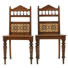 Antique Pair of Victorian Oak Hall Chairs With Tiled Backs
