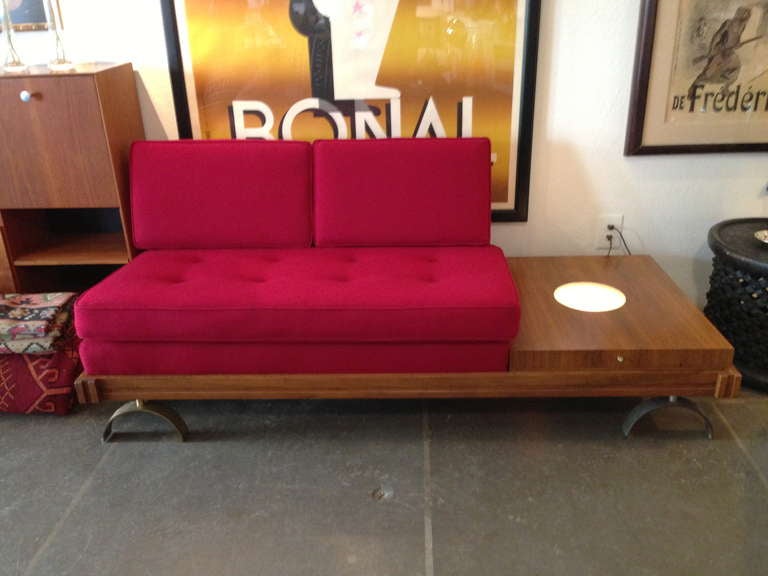 Vintage Borenstein sofa. brass arch fee. Lighted frosted glass cylinder light in side of  table base.Red wool  button seat  and two cushion back.Made in L.A. Calif.