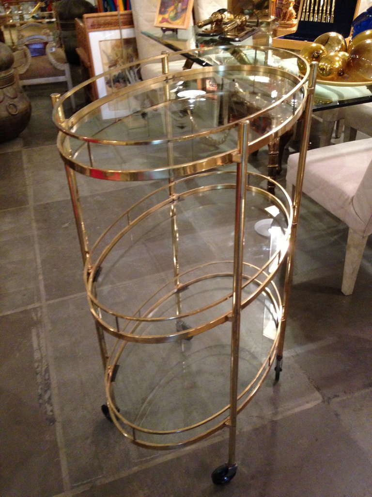 Mid-Century Modern Three Tiered Brass Tea /bar Cart. For Sale