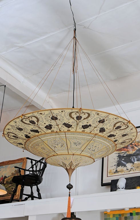 Giant fortuny hanging fixture. Hand painted silk.  Also includes flush mount for flat sealing mounting .