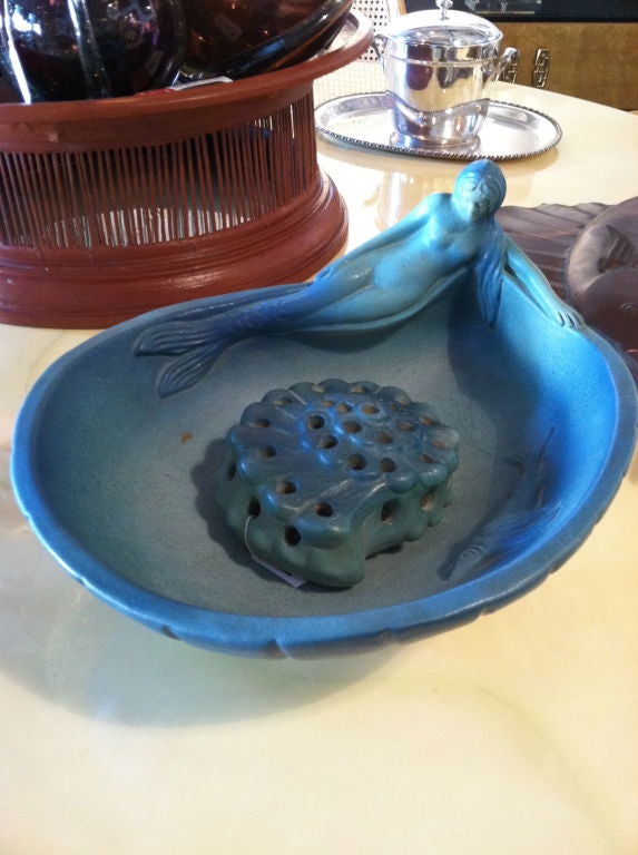 Rare Van Briggle Pottery mermaid bowl  with separate flower frog.  Signed Van Briggle ; Colorado Springs.