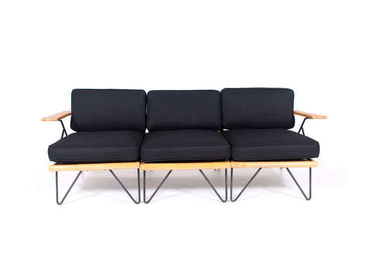 Modular Bamboo and Metal Seating attributed to Shirley Ritts for Herbert Ritts Furniture Co from Los Angeles Ca. Circa 1954. Includes 1 armless chair, 1 ottoman, 1 Left Arm Facing Chair, 1 Right Arm Facing Chair and 1 Armchair.