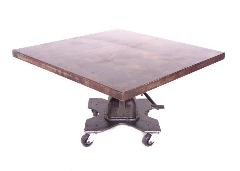 Industrial Adjustable Swivel Lift Dining or Work Table In Excellent Condition In Houston, TX