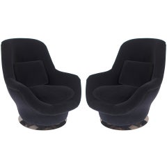 Pair of Black Velvet/Chrome Swivel Tilt Milo Baughman Lounge Chairs