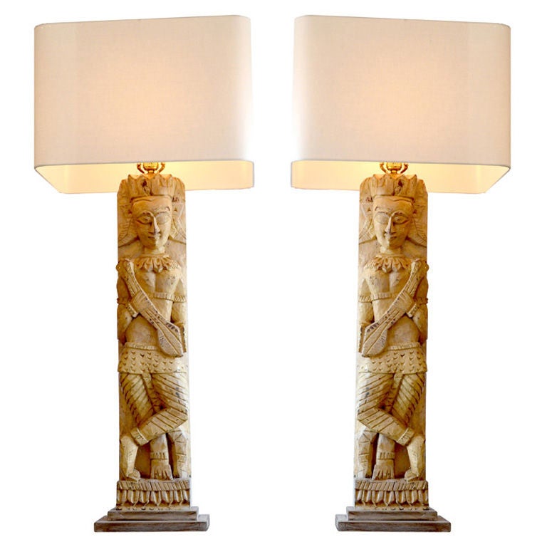 Pair of Cream 18th Century Tall Carved Figural Lamps For Sale 6