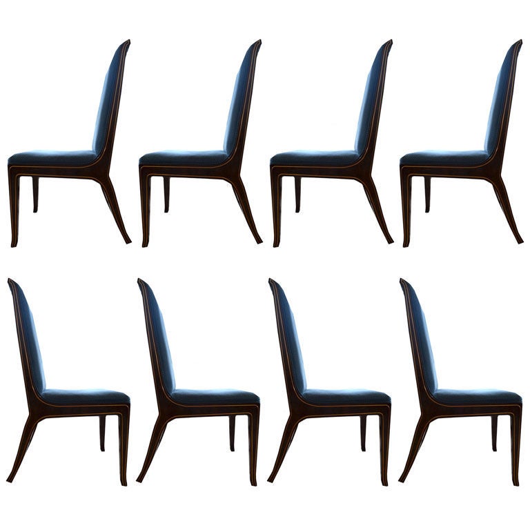 Set of 8 Mastercraft Amboyna Burl & Brass Dining Chairs