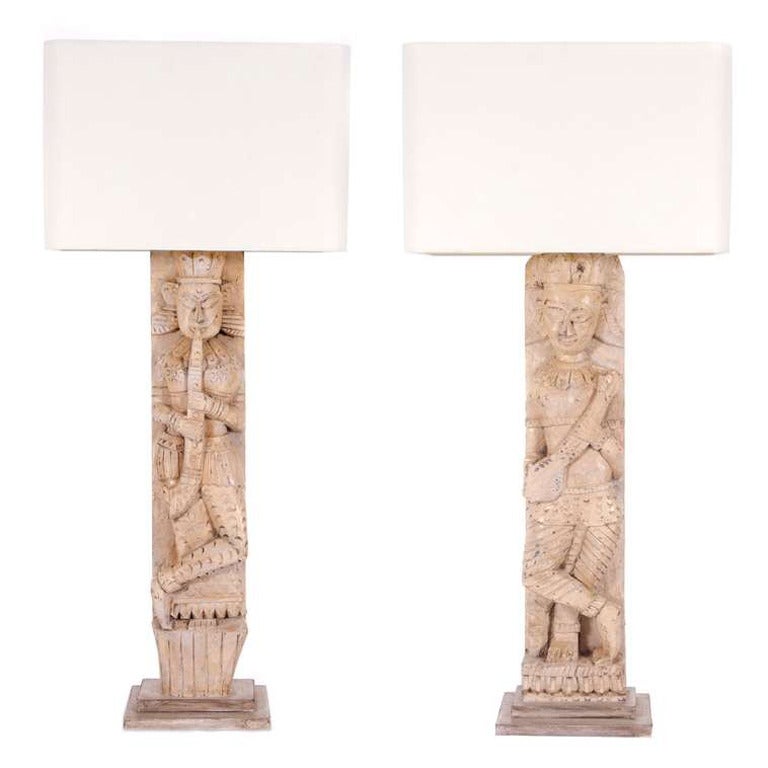 Pair of Cream 18th Century Tall Carved Figural Lamps For Sale