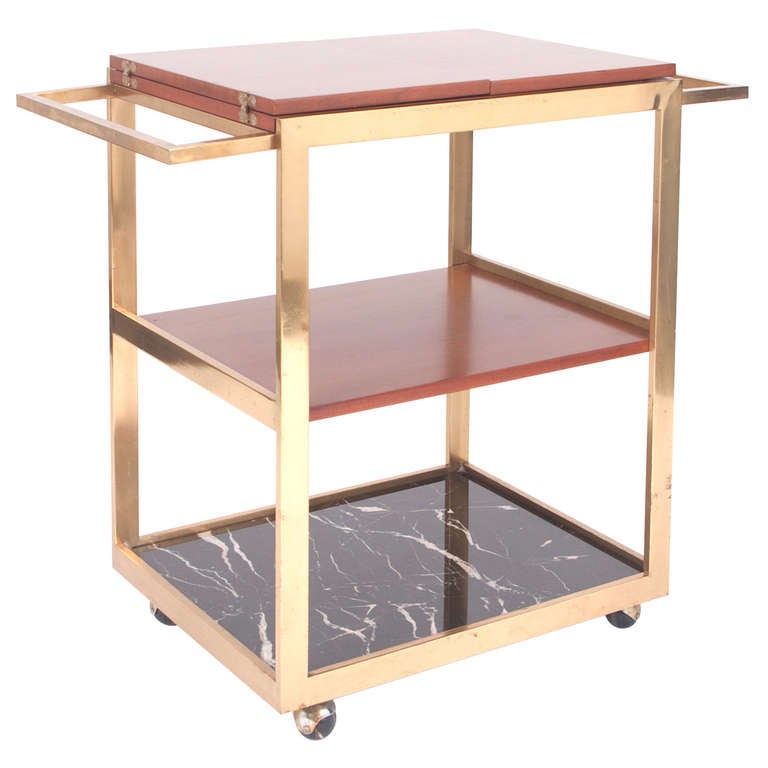 Vintage Brass, Walnut, and Black and Cream Marble Bar Cart at 1stdibs