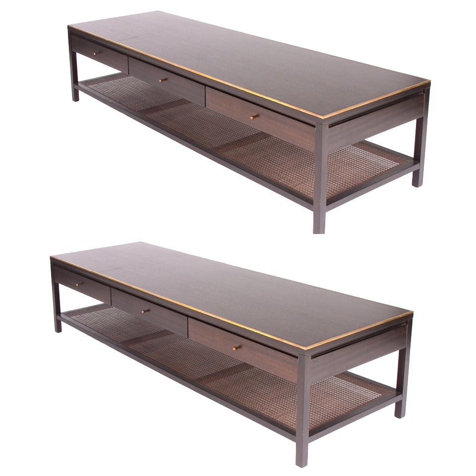 Pair of Paul McCobb Coffee Tables with Brass and Cane Details For Sale