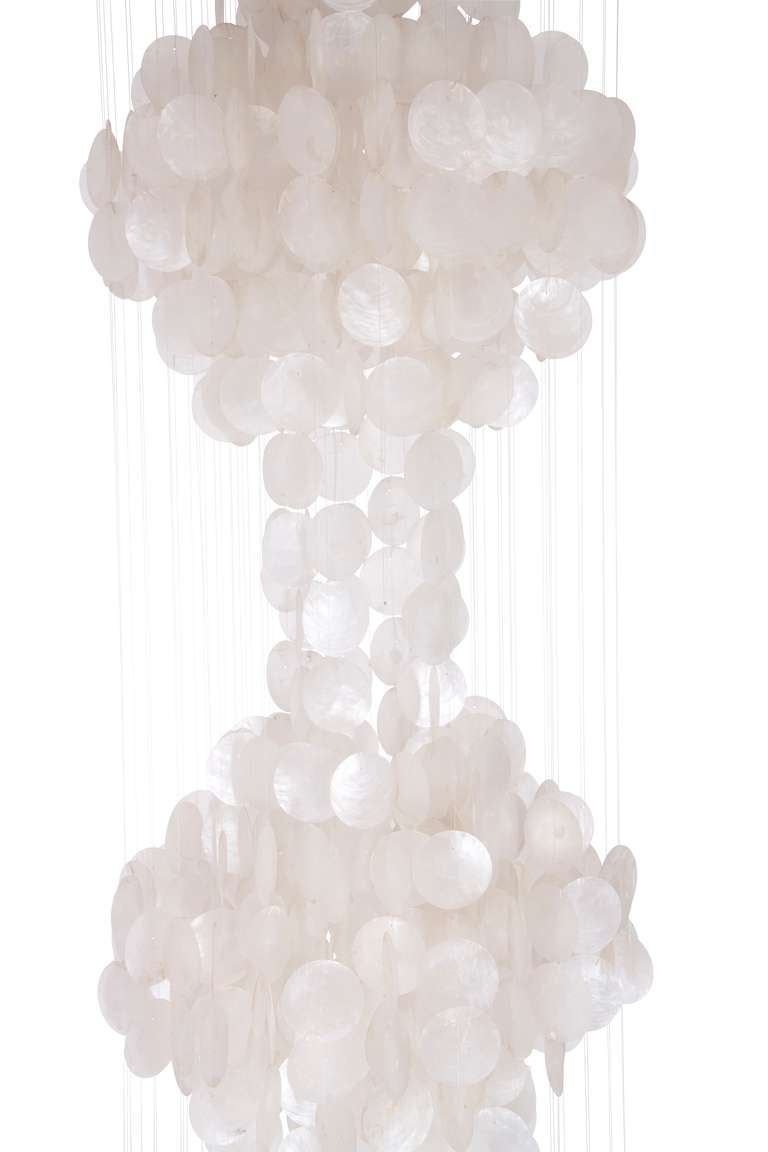 Three-tier Capiz Shell Chandelier with wooden canopy. In the style of Verner Panton. This chandelier looks great when suspended in the corner of a room or even used as a central focal point.