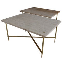 Pair of  Paul McCobb Style Travertine and Brass Tables