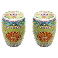 Pair of Colorful Asian Inspired Ceramic Drum Stools