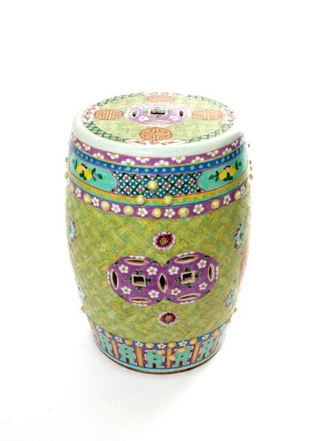 Pair of Colorful Asian Inspired Ceramic Drum Stools