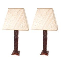 Pair of carved wood totem table lamps