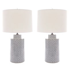 Pair of Large Black and White Cloisonne Table Lamps