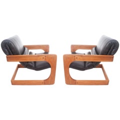Pair of Black Leather Cantilevered Sling Chairs by Lou Hodges