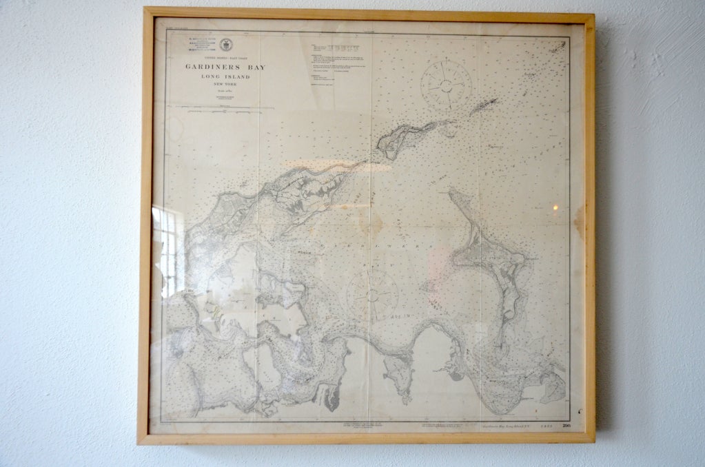 Great framed vintage nautical map of Gardiners Bay Long Island, would look great in a Hamptons Home