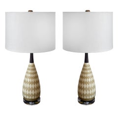 Pair of Mid Century Teak & Ceramic Table Lamps