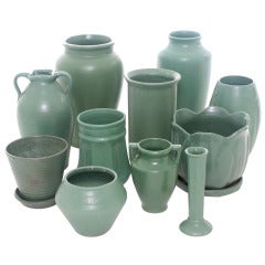 Antique Collection of Matte Green Art Pottery 