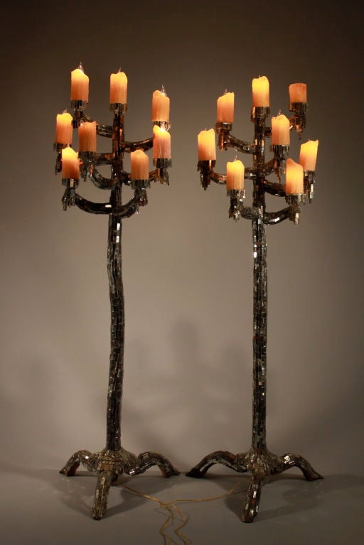 Sublime Handcarved and Mirrored Floor Candleabras (Pair)