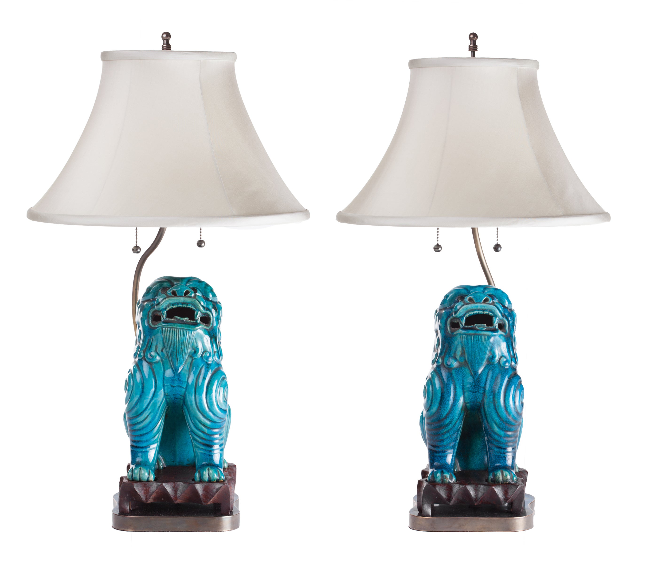 Turquoise Ceramic Asian Foo Dog Lamps, circa 1940