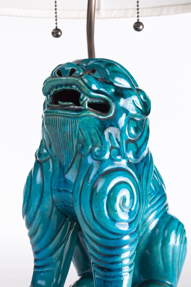 Turquoise Ceramic Asian Foo Dog Lamps, circa 1940 In Excellent Condition In New York, NY