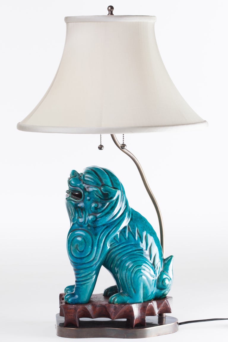 Mid-Century Modern Turquoise Ceramic Asian Foo Dog Lamps, circa 1940