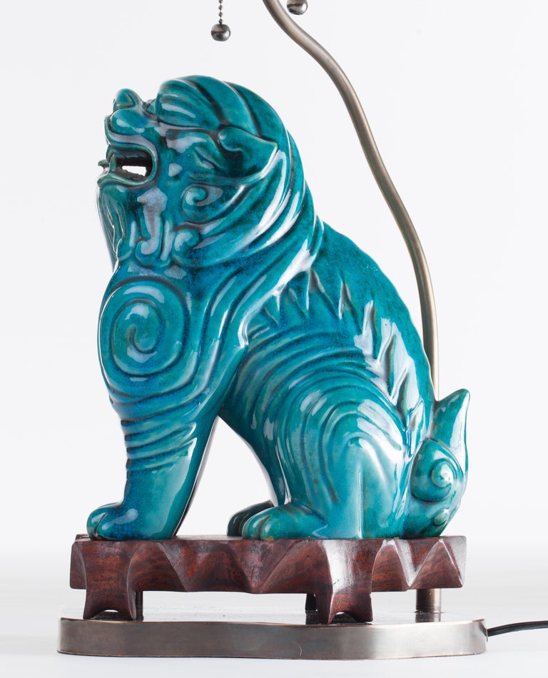 20th Century Turquoise Ceramic Asian Foo Dog Lamps, circa 1940