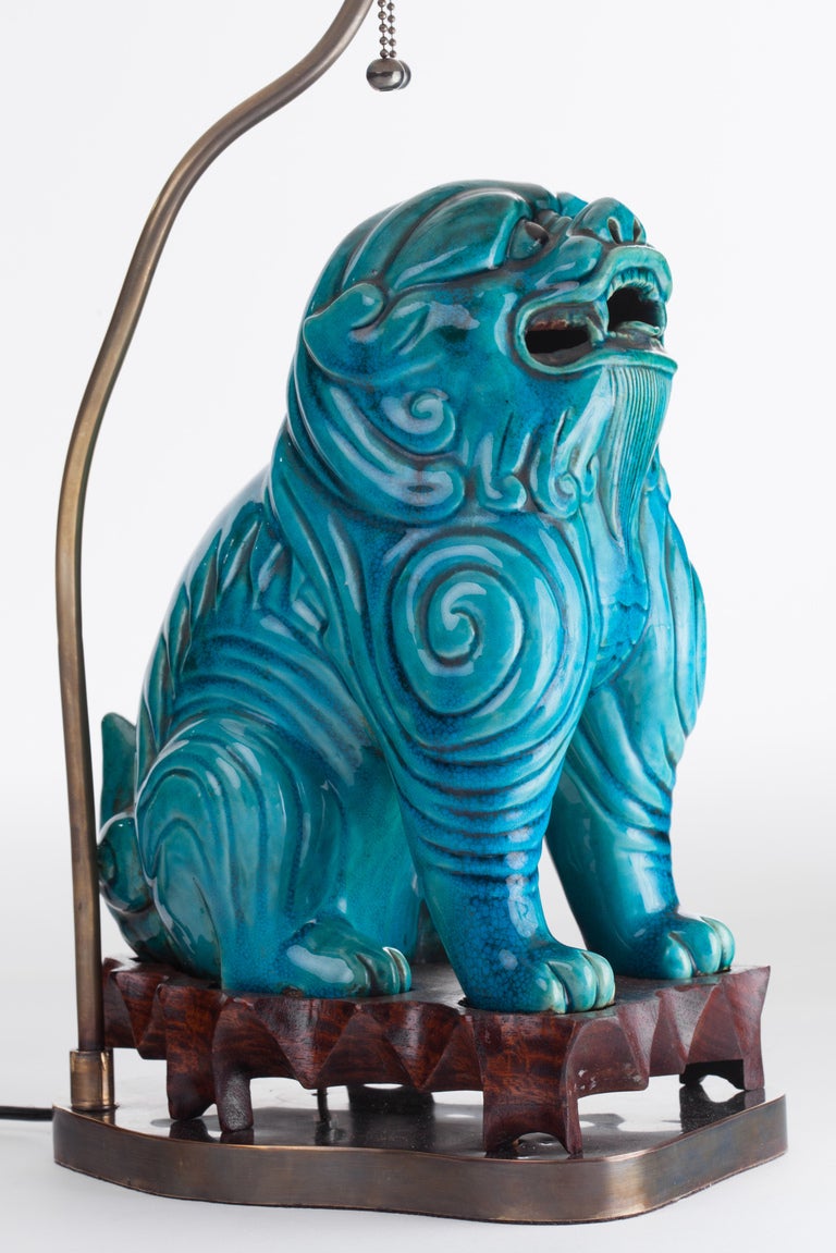 Turquoise Ceramic Asian Foo Dog Lamps, circa 1940 1