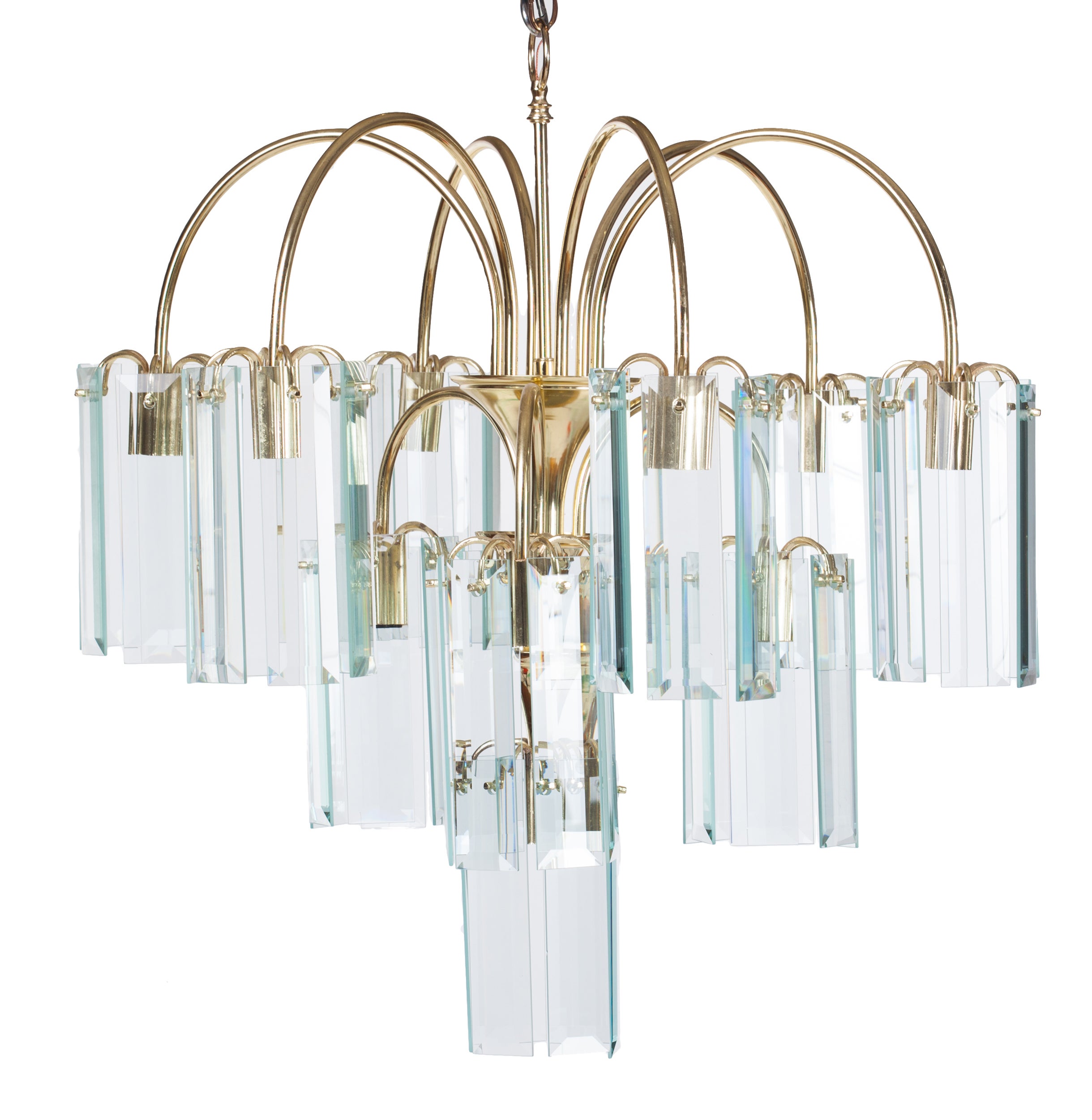 Waterfall Beveled Glass and Brass Chandelier For Sale