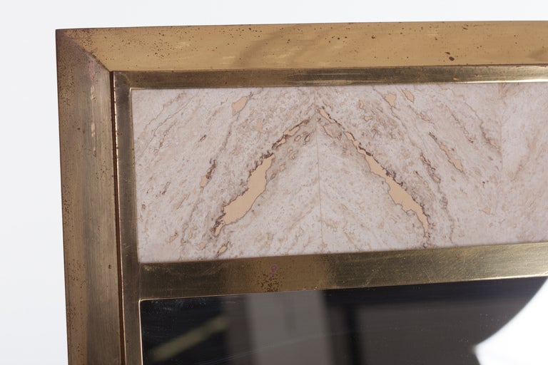 1980s Italian Brass and Travertine Mirror In Fair Condition In New York, NY