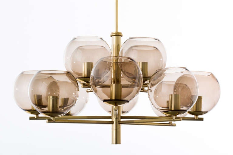 Mid-Century Modern Brass & Smoke Glass Globe Chandelier
