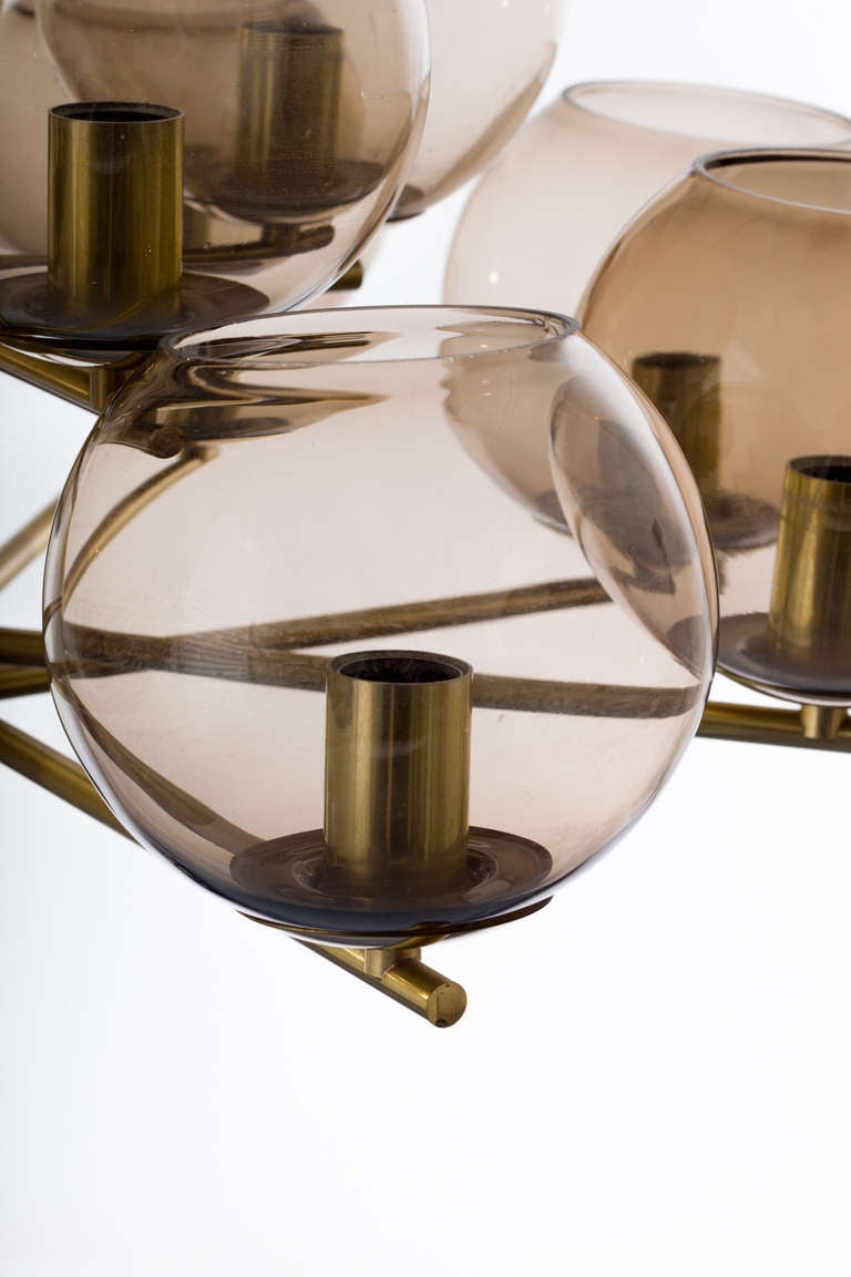 Brass & Smoke Glass Globe Chandelier In Excellent Condition In New York, NY
