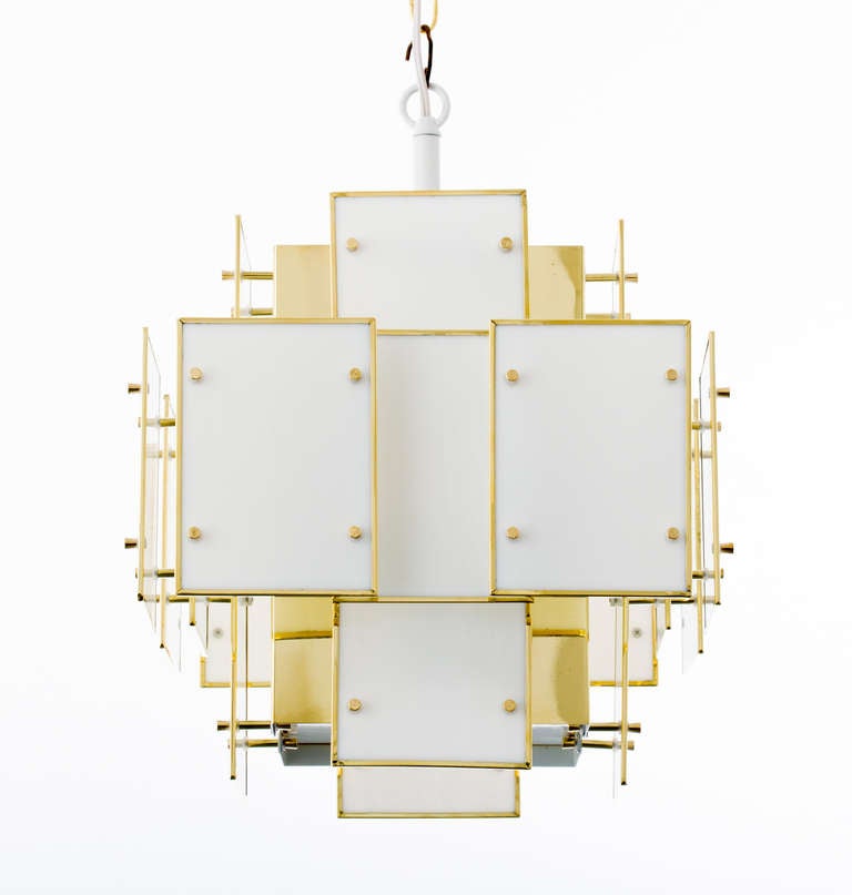 Rectangular milk glass panel chandelier with brass fittings, in the style of Robert Sonneman. One socket, with 150w. maximum wattage.